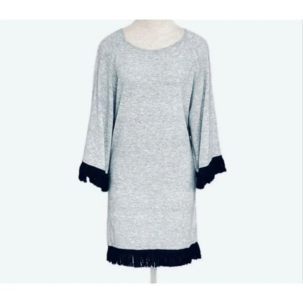 Ethereal Papercrane Grey Dress, S. Grey with Black Fringe. Wool Blend